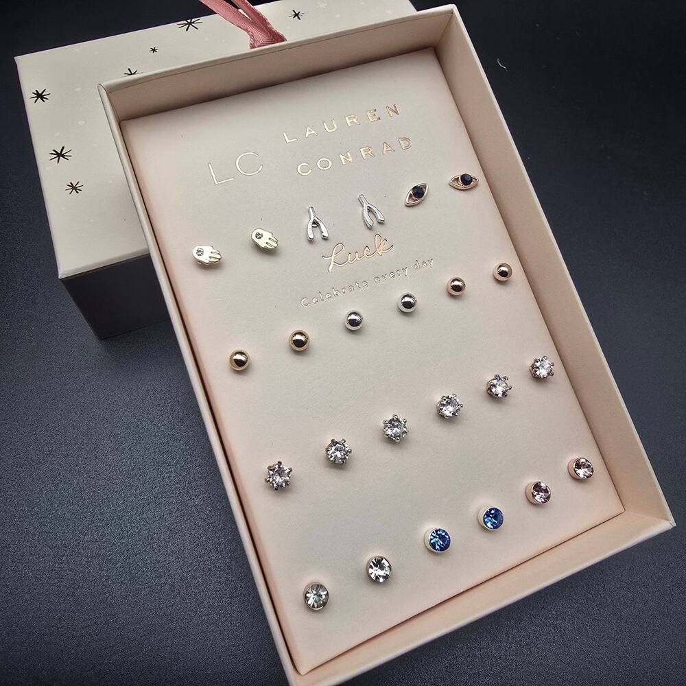 Lauren Conrad LC Rhinestone Earrings Stud Set Gift Box NIB Christmas